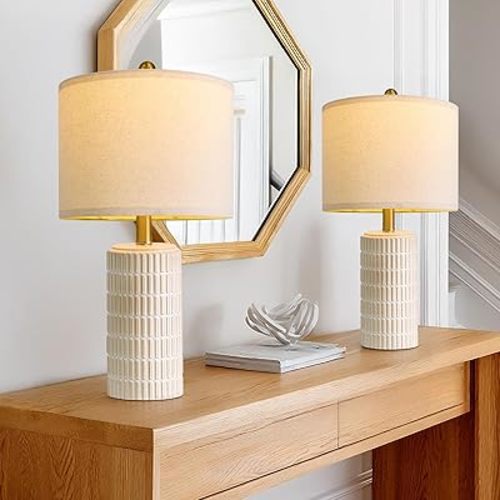 PoKat 20.75" Small Modern Ceramic Table Lamps Set of 2 for Bedroom, White Bedside Lamps for Night Stands, Farmhouse Desk Decor Gift Nightstand Table Lamps for Living Room End Table Beige