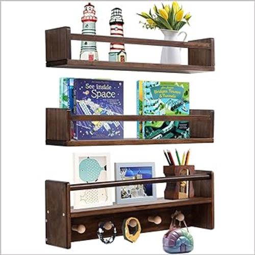 AZSKY 16 Inch Nursery Book Shelves Wall Floating Bookshelf with Hook Deep Walnut Hanging Book Shelf Toddler Room for Kids Room Bedroom Bathroom Living Room Kitchen Set of 3