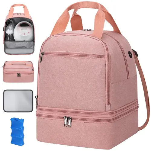 Pump Bag, Breast Pump Carrying Bags with Ice Pack & Waterproof Mat, Breast Pump Bag Compatible with Spectra S1 S2, Pumping Bags Milk Bottle Cooler for Work Travel Camping, Pink