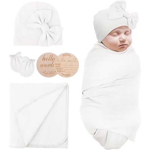 Newborn Receiving Blanket with Bow Hat Mittens Wooden Card Set Newborns Toddler Baby Boy Girl Nursery Swaddle Wrap