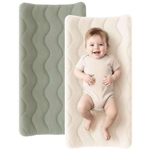 Konssy Waterproof Muslin Changing Pad Cover 2 Pack, 100% Cotton Quilted Diaper Changing Table Sheets, Soft Breathable Boho Nursery Bedding for Baby, Silent & Absorbent Standard Fit (Fog Green,Cream)