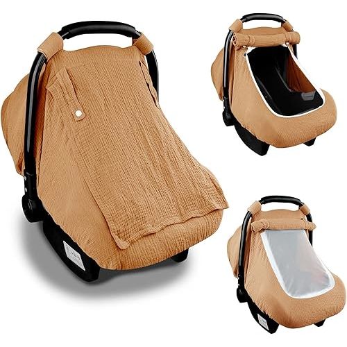 Hooyax Muslin Car Seat Covers for Babies, Summer Baby Car Seat Cover for Boys Girls with Breathable Window, Lightweight Infant Car Seat Canopy, Brown