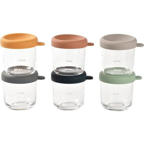 BEABA 6 Pack Glass Baby Food Jars with Soft Silicone Air Tight Lids, 8 oz Glass Storage Containers with Lids, Microwave and Freezer Safe Containers, Sunrise