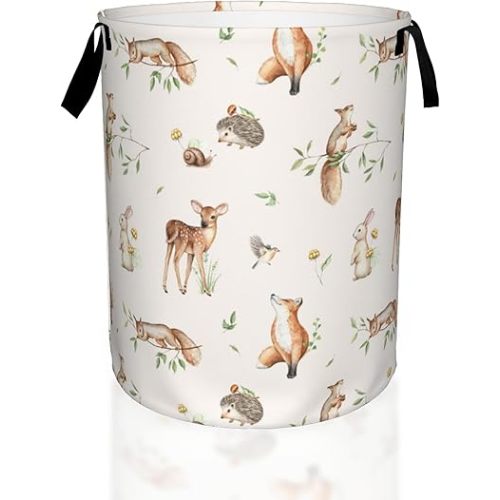 Deer Hedgehog Fox Bunny Squirrel Forest Laundry Basket,Waterproof Foldable Laundry Hamper,Dirty Clothes Laundry Basket, Linen Bin Storage Organizer for Toy Collection 16" x 20"