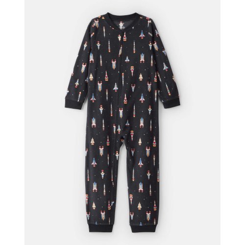 Boys Rocket Ship Print Fleece Long-Sleeve Loose Fit 1-Piece Pajamas - Black | Carter's