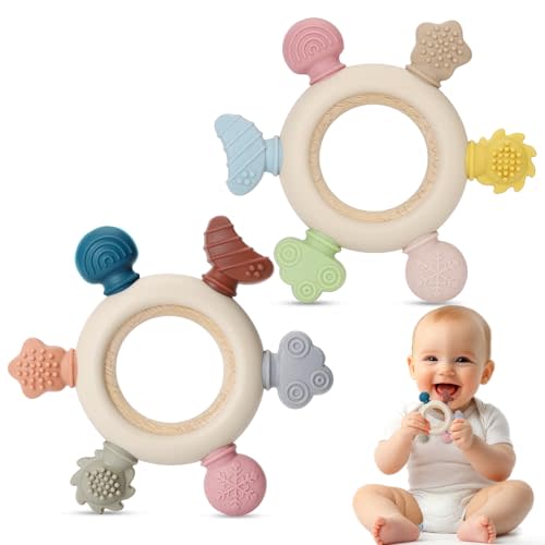 AULEGE 2 Packs Baby Teething Toy for Babies 0-3-6-12,18 Months, BPA Free Silicone & Beech Baby Teething Ring for Teething Relief, Wooden Ring Toy for Newborn Boys, Girls