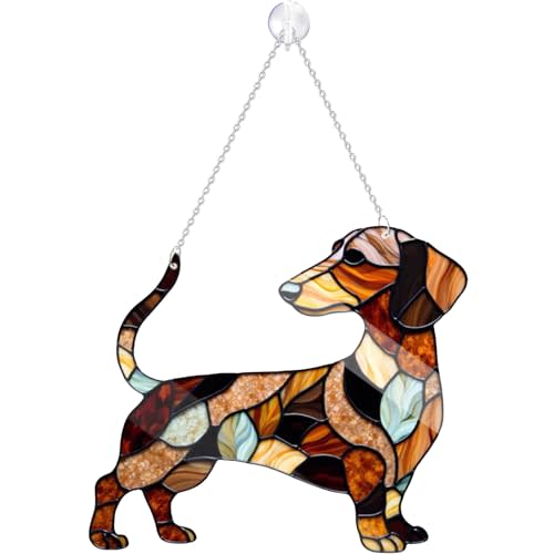 Dachshund Window Hanging Decor Suncatcher, Stain Acrylic Window Ornament, Animal Memorial Gifts, Handcrafted Sun Catchers Decor for Indoor Outdoor Garden (M 12 * 10in)