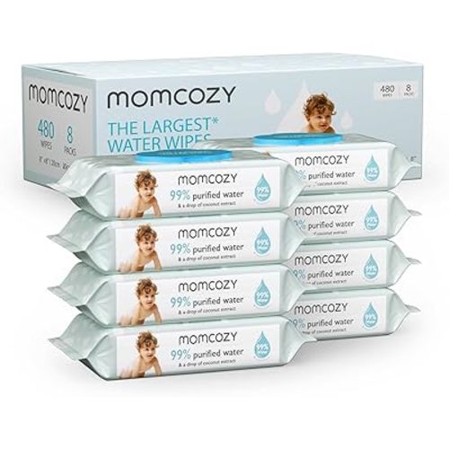 Baby Wipes, Momcozy Water Wipes-Extra Large Size Design, 99% Water Based Wipes, Unscented & Hypoallergenic, Cleansing & Moisturizing Baby Wipes for Sensitive Skin, 8 Flip-Top Packs (480 Wipes Total)