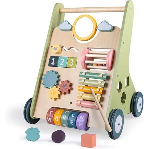 LOL-FUN Wooden Baby Walker with Wheels, Baby Walker for Boys 12 Months Push Toy, Montessori Walking Toys for 1 Year Old Activity Center