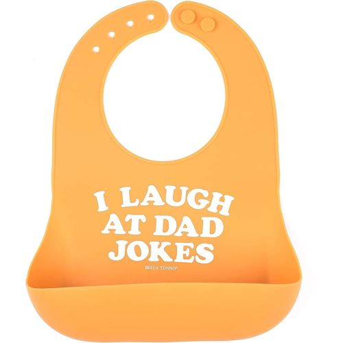Baby Bib for Eating by Bella Tunno, Waterproof Silicone Bib with Large Food Catcher, Adjustable Fit for Babies 4-12 months & Toddlers 1-3 Years, Boys & Girls, I Laugh At Dad Jokes