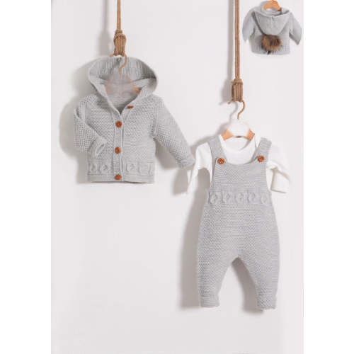 Beautiful Grey Knitted Pompom Cardigan/Dungarees/Bodysuit 3 piece set