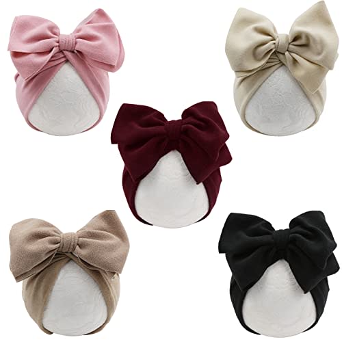 DRESHOW BQUBO 5 PCS Baby Cotton Hats Big Bow Knotted Headwrap Turban Baby Infant Beanie Baby Girl Soft Toddler Cap for Winter