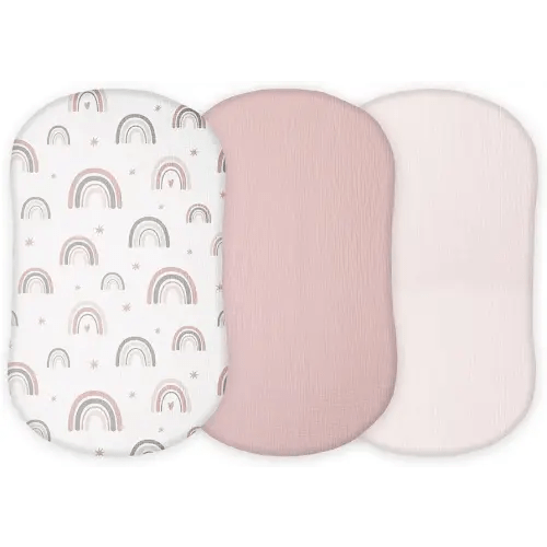Muslin Bassinet Sheets Compatible with Halo Bassinest Swivel, Flex, Glide, Premiere and Luxe Series Sleeper, Pack 3, 33 X 17 Inch, Ultra Soft and Snug Fit, Unisex Boys Girls, Pink Rainbow