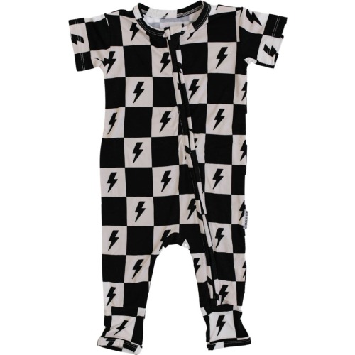 Charlie Lou Baby® Checkered Lightning Bolt Short Sleeze Zip Romper, 3-6M, Black