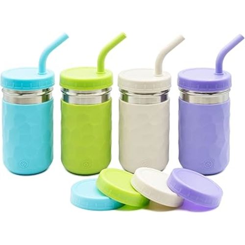 WeeSprout 2-in-1 Drinking Cups for Kids, Durable Stainless Steel Tumbler for Smoothies, Silicone Straws with Stoppers, Premium Plastic Twist Lids, Easy-Grip Sleeves, Set of 4 Dishwasher Safe Kid Cups