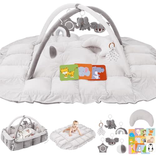 5-in-1 Plush Baby Play Gym, Baby Play Mats, Convertible Baby Gym with Pillow, Tummy time mat, Light Grey