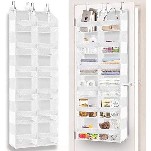 Over The Door Organizer 6 Tiers, Extra Large Behind Door Storage of 12 Compartments, 80 lbs Weight Capacity Hanging Storage Organizer with Clear Window Kids Toys, Shoes,Diapers, Room Storage, White