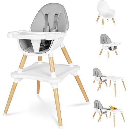High Chair for Babies & Toddlers, Convertible Wooden 6 in 1 Baby Highchair, Table and Chair Set, Building Block Table, 5-Point Adjustable Seat Belts, 4-Position Removable Tray& PU Seat Cushion (Grey)