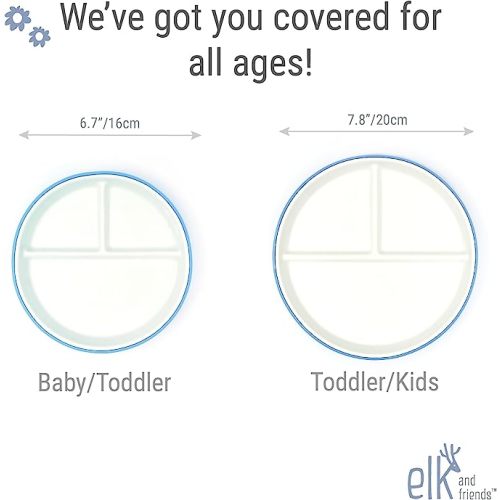 Elk and Friends 6.7" Kids Porcelain White Plates with Silicone Sleeves | Divided Plates | Suitable for Kids/Toddlers | Microwave & Dishwasher Safe | Non Slip | Snack Dishes - Sage/Misty Blue/Navy/Gray - 6.7" Divided