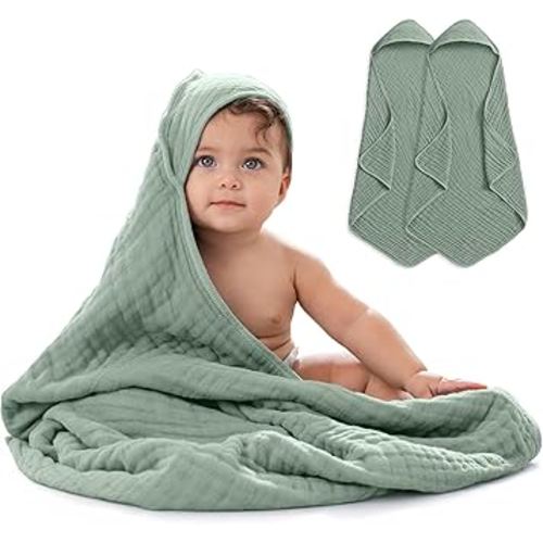 Comfy Cubs Hooded Baby Towel 2-Pack, Large 32 x 32 Inch - 6 Layer 100% Muslin Cotton for Babies, Toddlers and Kids - Soft & Absorbent Baby Bath Towels - Unisex Design for Bath Time - Fern