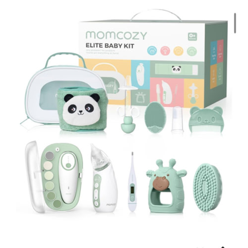 Momcozy Elite Baby Kit, Superior Baby Shower & Registry Essential Kit for Grooming & Health & Cleansing Care, Electric Nail File & Nasal Aspirator,Tummy Wrap,Thermometer,Bath Brush,Teether,Storage Bag