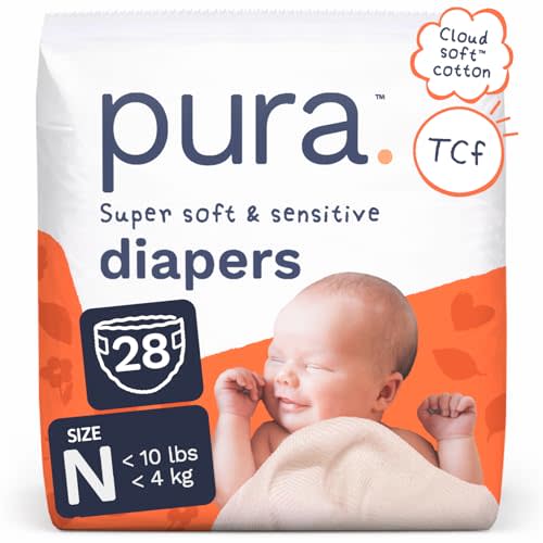 Pura Newborn Baby Diapers - Size N (Up to 10 lbs), 28 Count, Cloud Soft Disposable Diapers for Sensitive Skin, Totally Chlorine Free, Blowout Blocker & Wetness Indicator