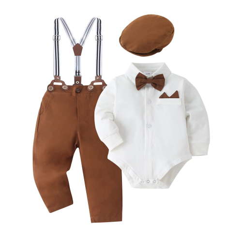 CARETOO Baby Boy Clothes Formal Suit Infant Shirt Hat Suspender Pants Tie 0-18M Cotton Fabric 3pcs