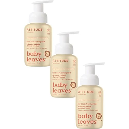 ATTITUDE 2-in-1 Hair and Body Foaming Wash for Baby, EWG Verified, Dermatologically Tested, Made with Naturally Derived Ingredients, Vegan, Pear Nectar, 10 Fl Oz (Pack of 3)