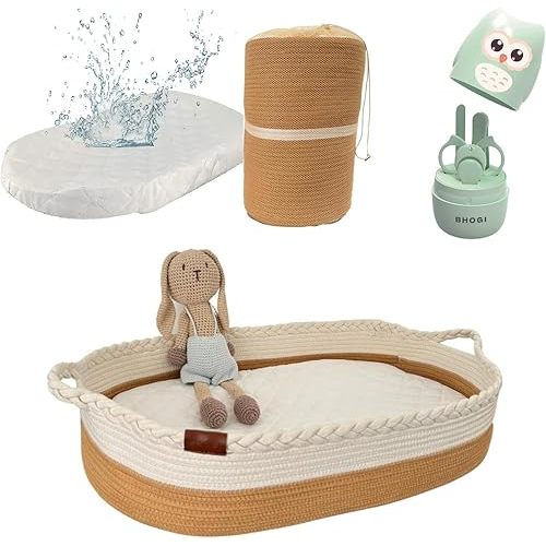 Baby Changing Basket for Dresser Top - Handcrafted 100% Organic Cotton, Lightweight, Waterproof Cover, Raised Edges, Foam Mattress, Security Strap (White Beige) | Includes Baby Nail Clippers Kit
