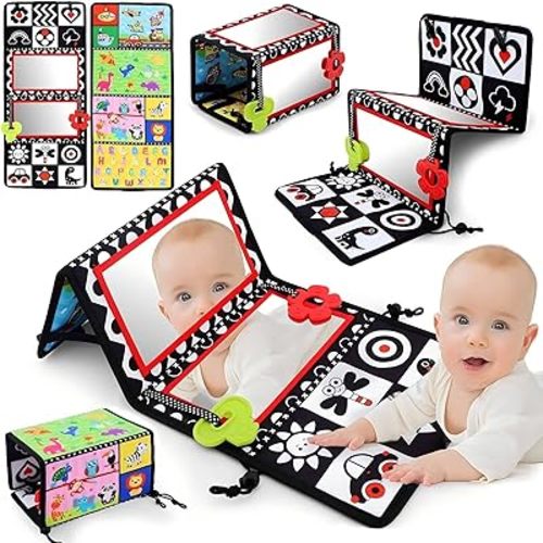 Double Tummy Time Mirror, Newborn Gifts Toys, Infant Toys 0-6 Months Brain Development Foldable Mirror, High Contrast Crawling Sensory Toy 3 6 9 12 Month Boy Girl