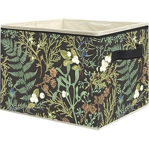 Dark Green Floral Botanical Storage Bins, Rustic Cottagecore Fern Herb Leaf Plant Collapsible Storage Box Laundry Basket with Handle for Home Bedroom Bathroom Office Clothes Toys Books
