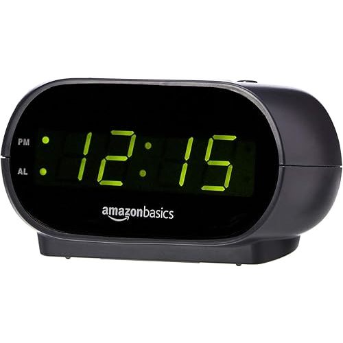 Amazon Basics Small Digital Oval Alarm Clock With LED Display, Nightlight & Battery Backup, Black, 4.5 x 3.5 x 2.4 Inches