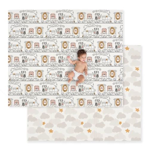 JumpOff Jo Baby Play Mat - Large Folding Foam Play Mat for Infants, Babies, Toddlers, Waterproof, Double-Sided (70" x 59") - Zoo Train