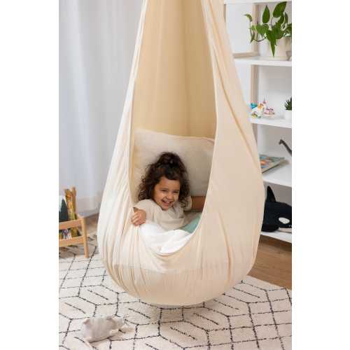 Hanging Cocoon Chair for Kids, Soft Indoor Hammock Swing, Beige Cotton Pod Seat with Plush Cushion, Sensory Swing for Playroom, Gift