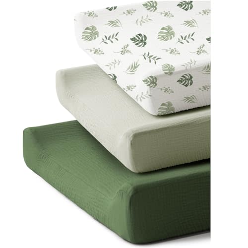 Coreeky 3 Pack Muslin Changing Pad Covers for Girl, Boy, 100% Soft Cotton Changing Table Cover, Breathable Baby Nursery Diaper Chang Pad Sheets (Leaf)