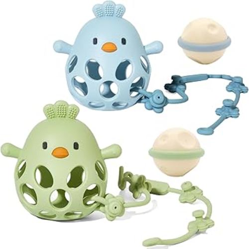 Baby Teething Toy, Hollow Chicken Silicone Teething Toys, Soft Baby Chew Toys for Sucking Needs, Bells can be Installed, Suitable for Babies of Any Age(Blue+Green)