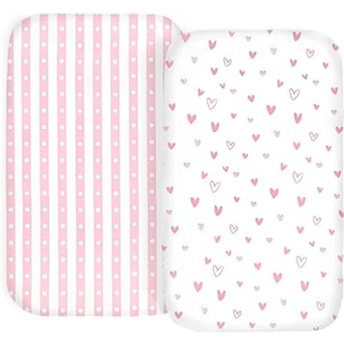 100% Organic Cotton 2 Pk Bedside Sleeper Bassinet Fitted Mattress Sheets for Mika Micky, Baby Delight, Ronbei, Chicco, KoolerThings, Cloud Baby, AMKE, Angelbliss, Maxi-COSI, Arm's Reach, Plus. Girl