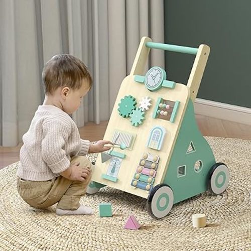TaoHFE Wooden Baby Walker, Walking Toys Assist Babies Learning Stand Walk, Baby Walkers for Boys Height Adjustable, Baby Walker with Wheels as Gifts for Toddlers and Boys, Green