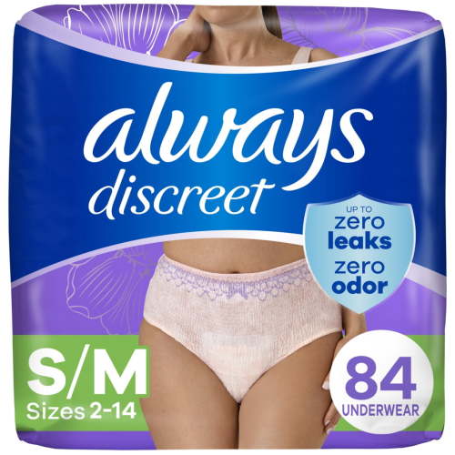 Always Discreet Adult Incontinence Underwear for Women and Postpartum Underwear, S/M, 84 CT, up to 100% Bladder Leak Protection