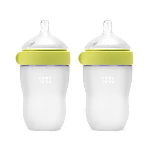 Comotomo Silicone Baby Bottle Gen 2 – 2026 Release (8oz) – Soft, Wide-Neck Bottle for Comfortable Feeding (6-12 Months) with Dual Anti Colic Vents (Includes Medium Flow Nipples), Green (Double Pack)