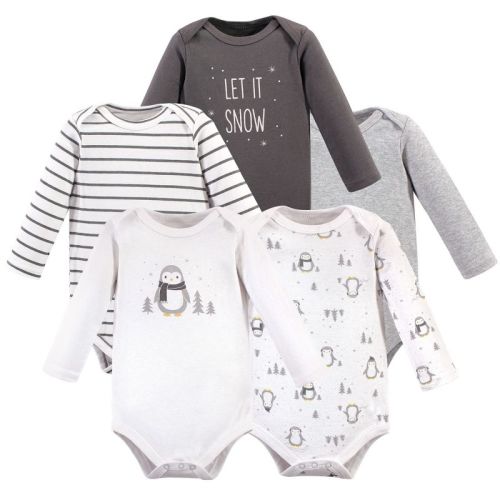 Hudson Baby Cotton Long-Sleeve Bodysuits 5pk, Gray Penguin, Newborn