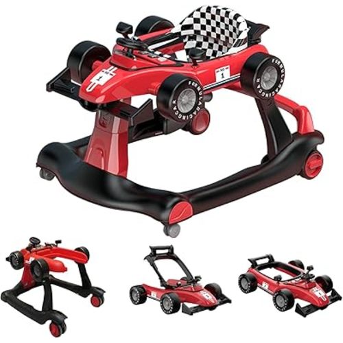 4-in-1 Baby Walker, Foldable Activity Walker with Adjustable Height & Speed, Music, Lights, Steering Wheel, Activity Baby Push Walker for Boys Girls Aged 6–18 Months (Red)