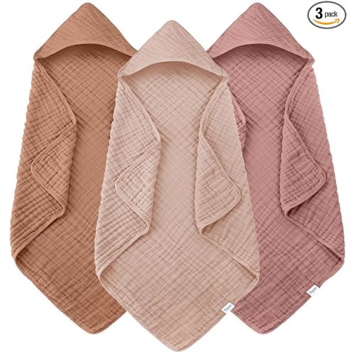 Muslin Hooded Baby Bath Towels - 3 Pack 100% Cotton Ultra-Soft Towels for Newborns, Infants, Toddlers - 32x32 Inch - Highly Absorbent, Quick-Dry Essentials for Bath, Beach, Pool, Bean Paste Series
