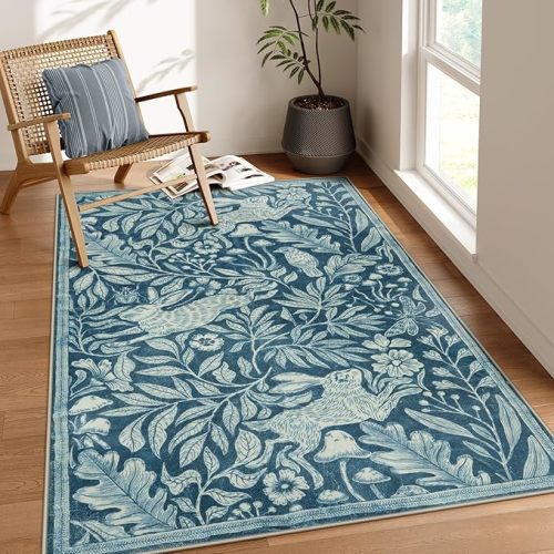 Lahome Forest Rabbit 5x7 Rug for Living Room, Soft Animal Area Rug for Bedroom Nursery, Whimsical Woodland Print Blue Rugs, Stain Resistant Dining Room Carpets for Home Decor