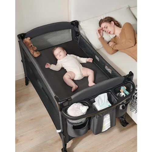 4 in 1 Baby Bassinet Bedside Sleeper, 4 Functions Crib, Playard, Portable Changing Table, Bassinet for Newborn Baby, Bedsaide Bed w/Wheels&Brakes