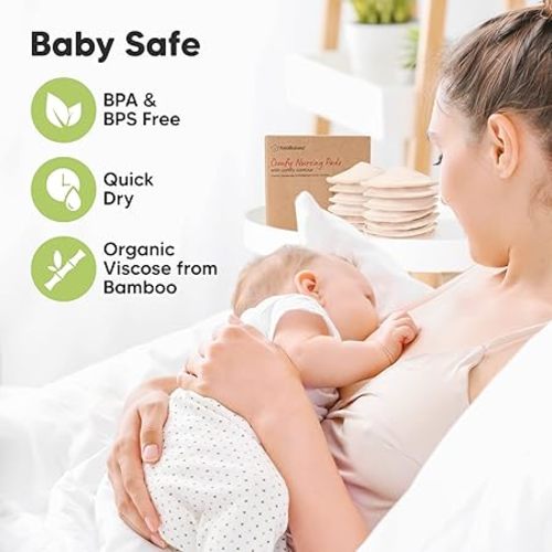 Organic Nursing Pads - 14 Washable Viscose Derived from Bamboo Breastfeeding Pads, Wash Bag, Reusable Breast Pads for Breastfeeding, Nipple Pads for Breastfeeding Essentials(Bare Beige, M 3.9")