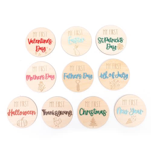 10Pcs First Holiday Wooden Discs - My First Holiday Milestone Cards,New Year Keepsake for Newborns,First Thanksgiving Halloween Christmas Easter Mother Father Day Photo Prop,Growth Announcement Sign