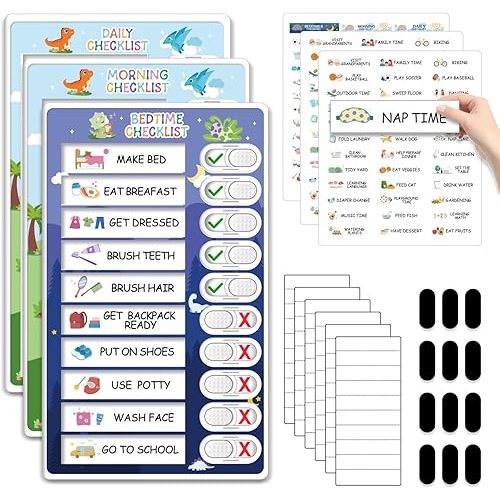 3 in 1 Bedtime/Morning/Daily Routine Chart for Kids, Magnetic Chore Chart for Kids with Cute Chore Stickers, Visual Schedule for Kids with Autism, Cute to Do List Checklist for Kids