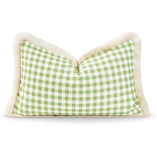 Hofdeco Premium Coastal Patio Indoor Outdoor Lumbar Pillow Cover Only, 12"x20" Water Resistant for Backyard, Couch, Green Gingham Fringe