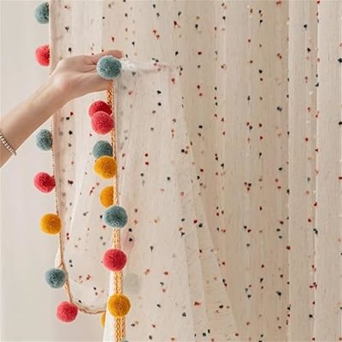KMSG Vintage Linen Sheer Curtains with Colorful Pom Poms for Bedroom Living Room Embroidered Voile Stripe Rainbow Curtains Light Filtering Window Drapes Rod Pocket Top 2 Panels W42 x L63 Inch
